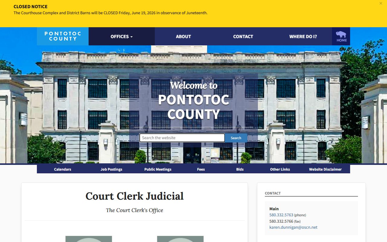 Pontotoc County Court Clerk Judicial duties page listing court record responsibilities