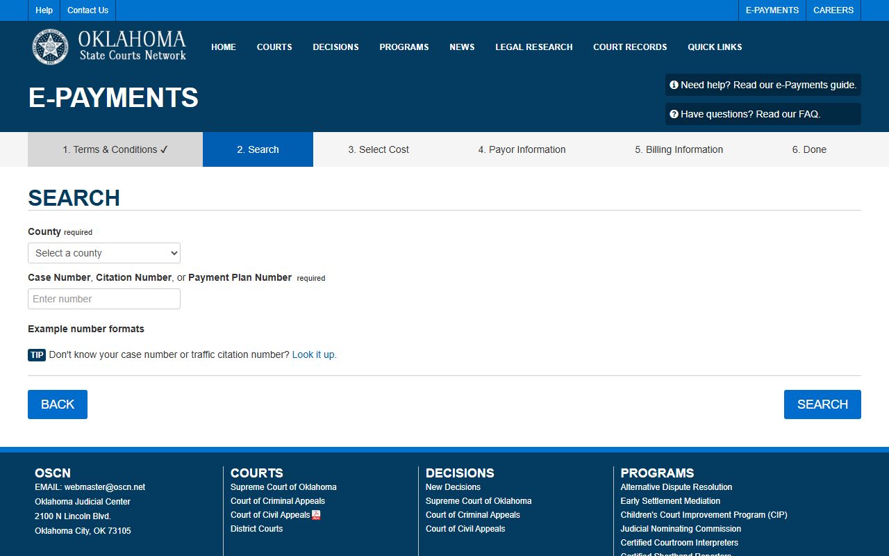 OSCN e-payments search for paying Pontotoc County Court Clerk case fees and citations