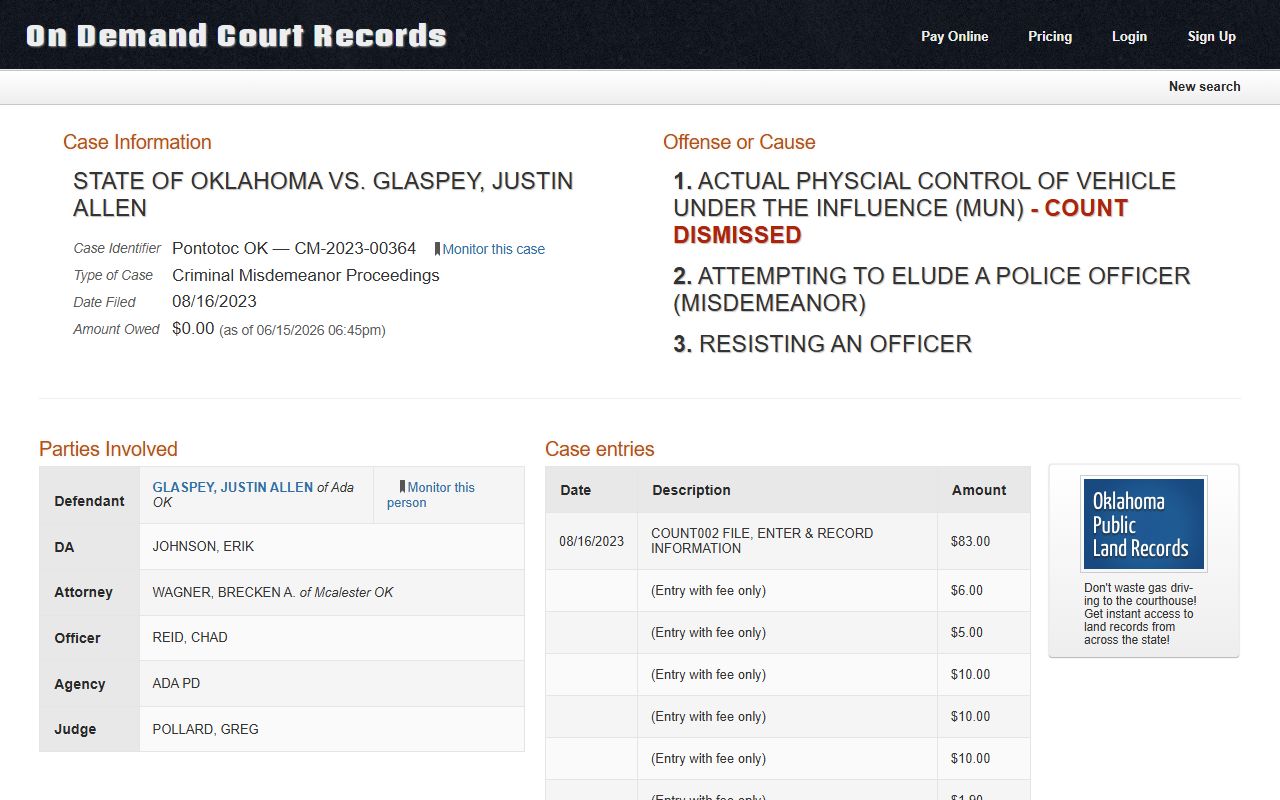 Pontotoc County court charges shown on an ODCR case detail page