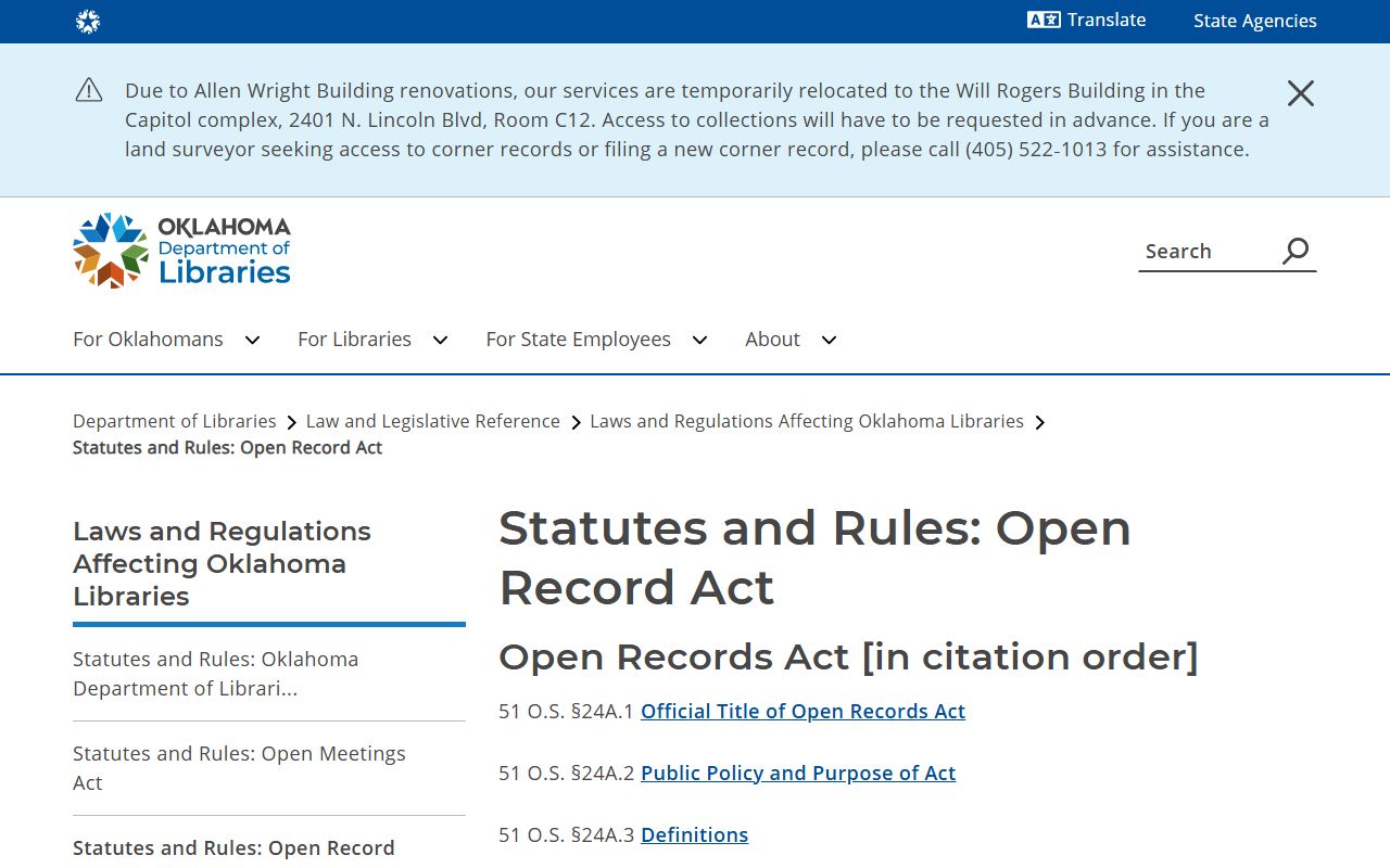 Oklahoma Open Records Act index that governs Pontotoc County court records