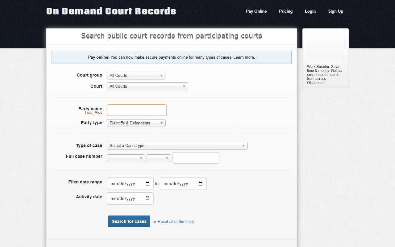 Pontotoc County court records search on the ODCR portal