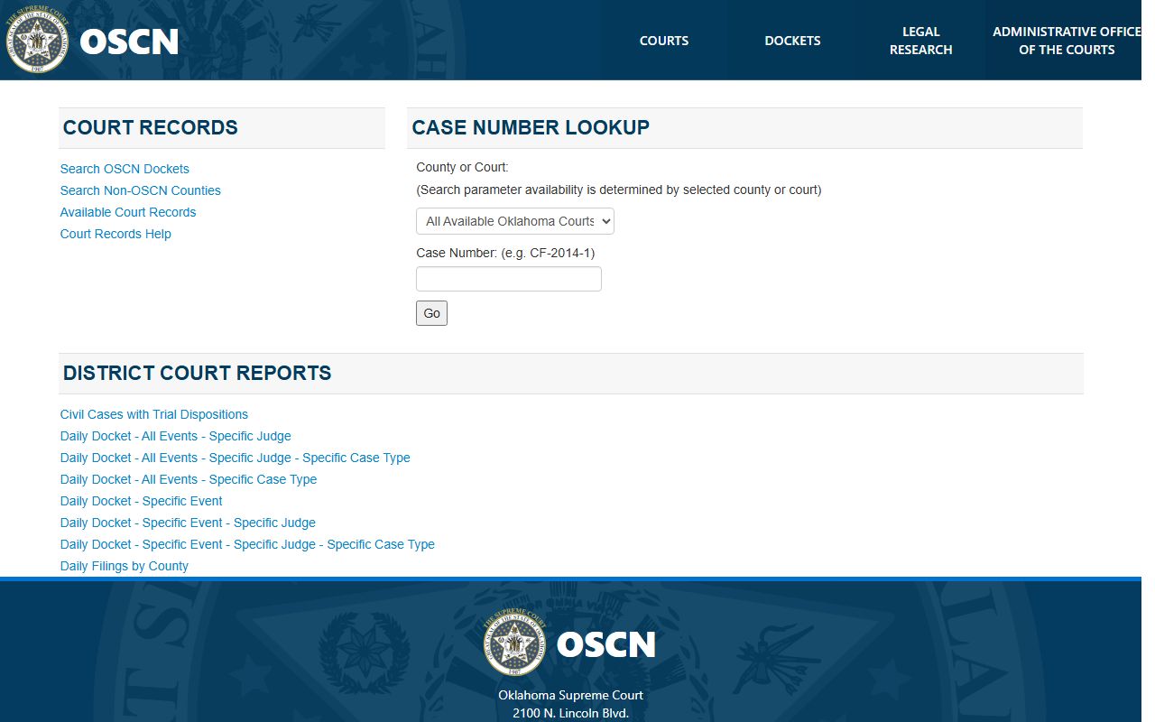 OSCN docket search landing page for Pontotoc County court records