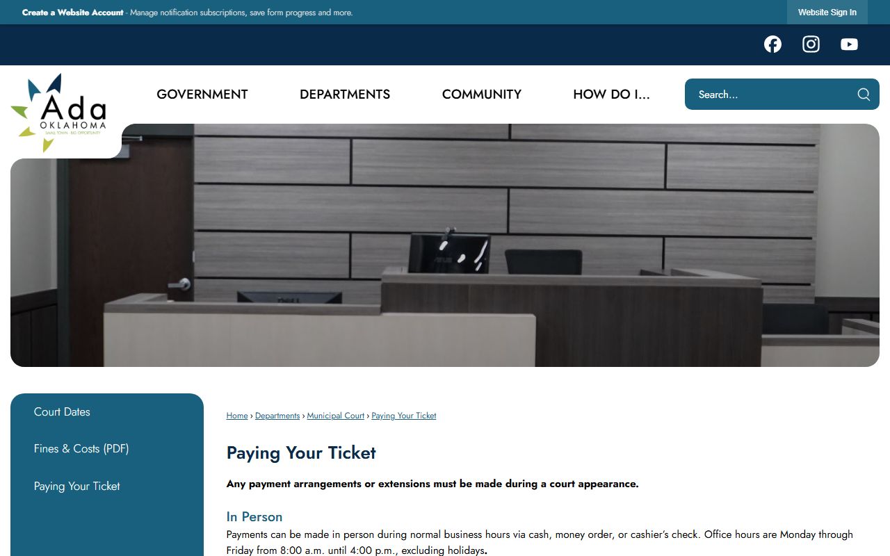 Pontotoc County traffic ticket payment instructions on the City of Ada paying your ticket page